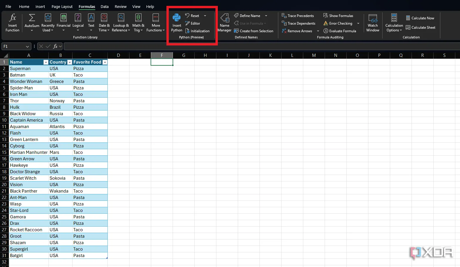 Tùy chọn Chèn Python trong tab Công thức của Excel