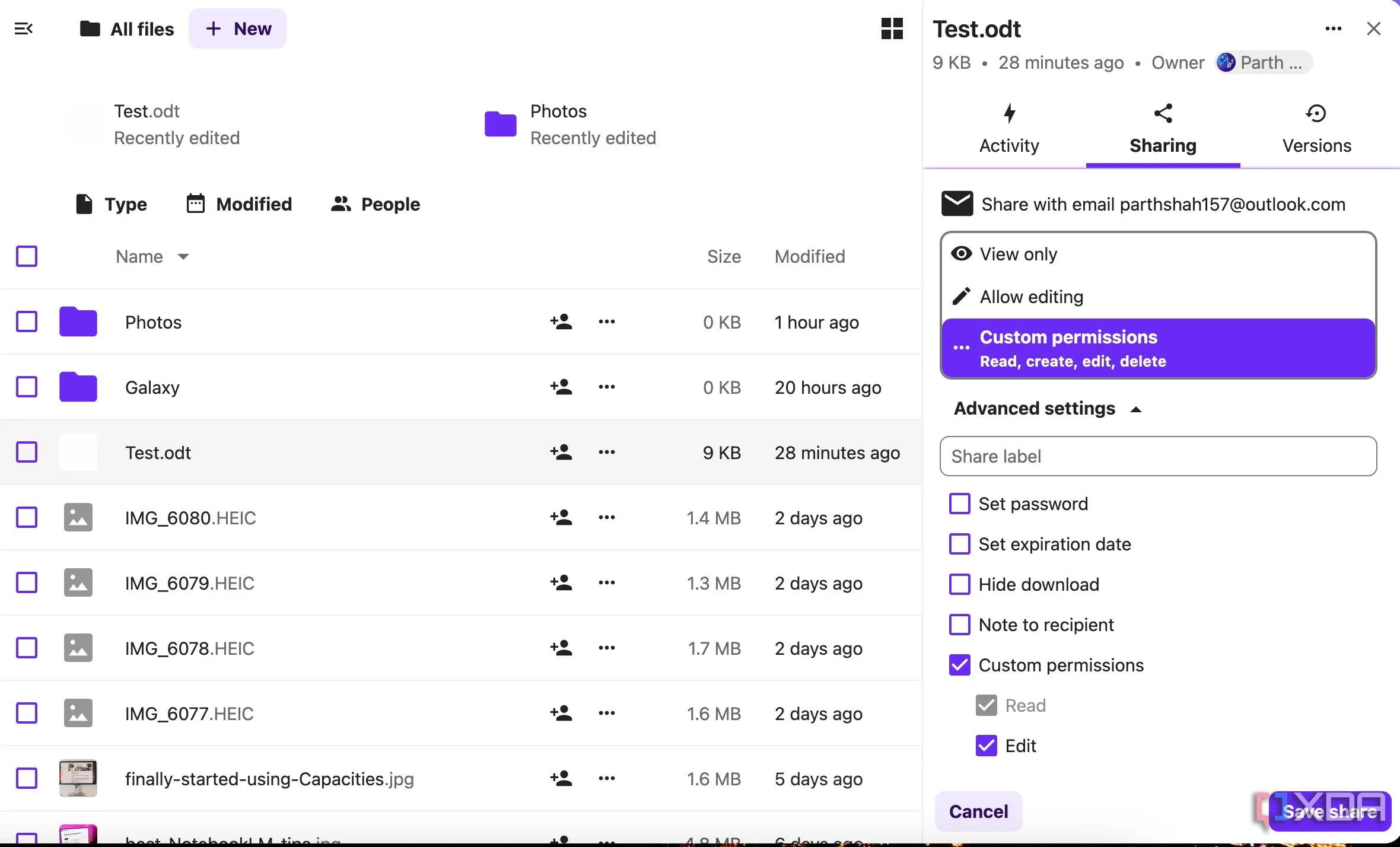 Tùy chọn chia sẻ file trong Nextcloud với các cài đặt quyền truy cập, mật khẩu và ngày hết hạn, minh họa tính năng cộng tác an toàn và hiệu quả.