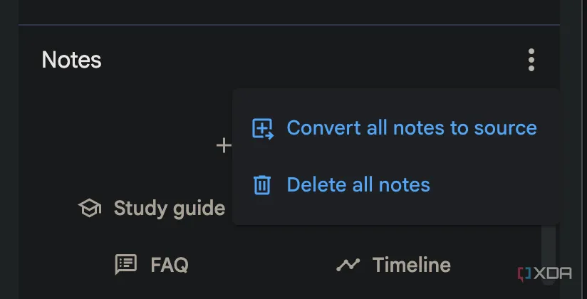 Tùy chọn &quot;Convert all notes to source&quot; trong NotebookLM giúp tổng hợp tất cả ghi chú thành một nguồn duy nhất.