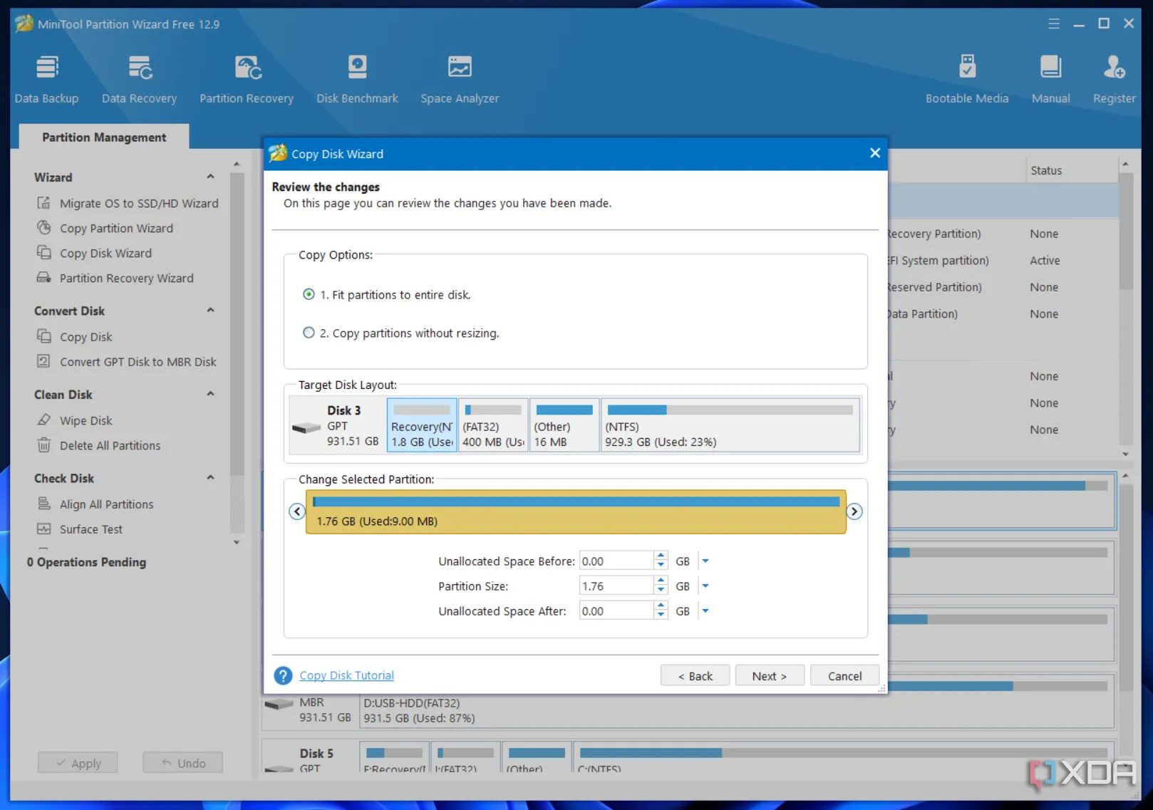 Tùy chọn 'Fit Partitions to Entire Disk' trong MiniTool Partition Wizard để tối ưu phân vùng khi clone ổ cứng
