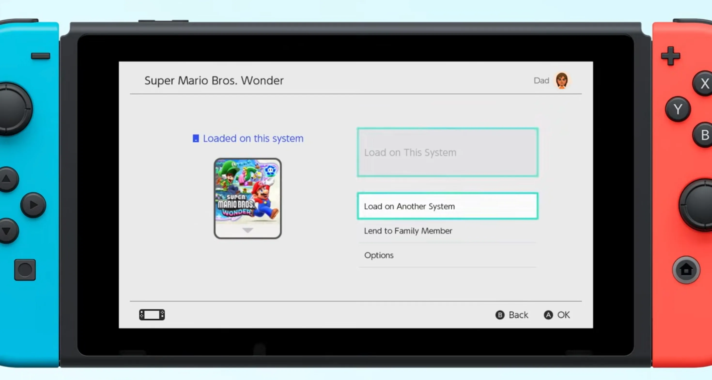 Tùy chọn 'Lend to Family Member' (Cho mượn thành viên gia đình) trên màn hình Nintendo Switch để chia sẻ Virtual Game Cards