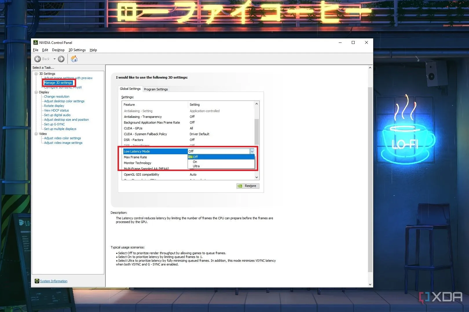 Tùy chọn Low Latency Mode trong cài đặt 3D của Nvidia Control Panel