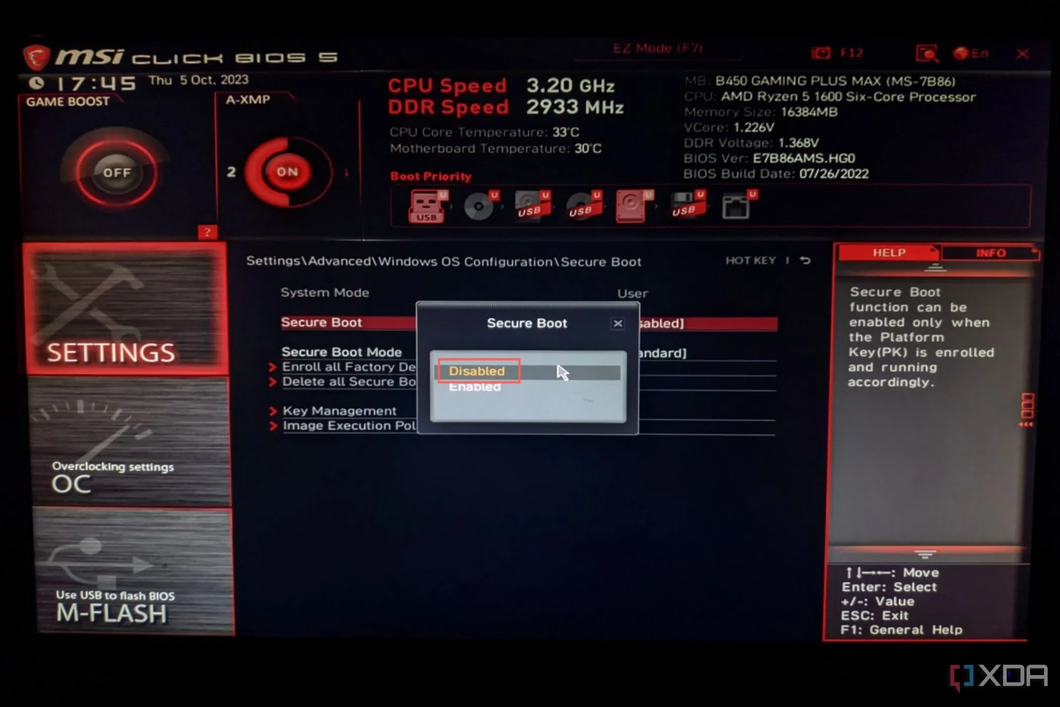 Tùy chọn Secure Boot trong giao diện BIOS