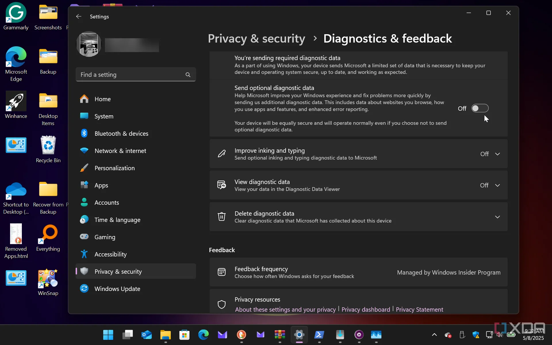 Tùy chọn tắt gửi dữ liệu chẩn đoán tùy chọn trên Windows 11
