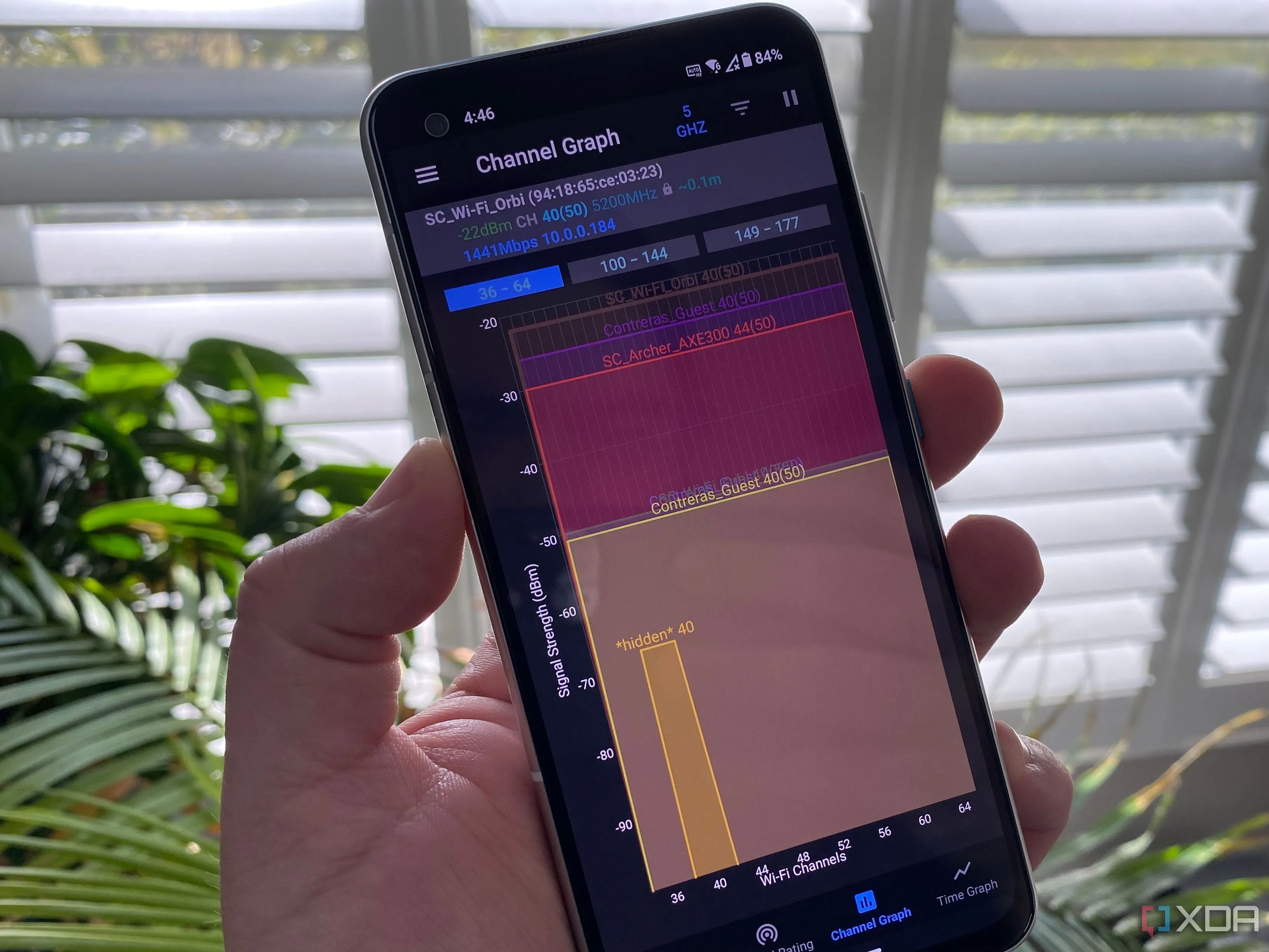 Ứng dụng Wi-Fi Analyzer hiển thị tình trạng tắc nghẽn mạng không dây trên điện thoại Zenfone, giúp người dùng tìm kênh ít nhiễu