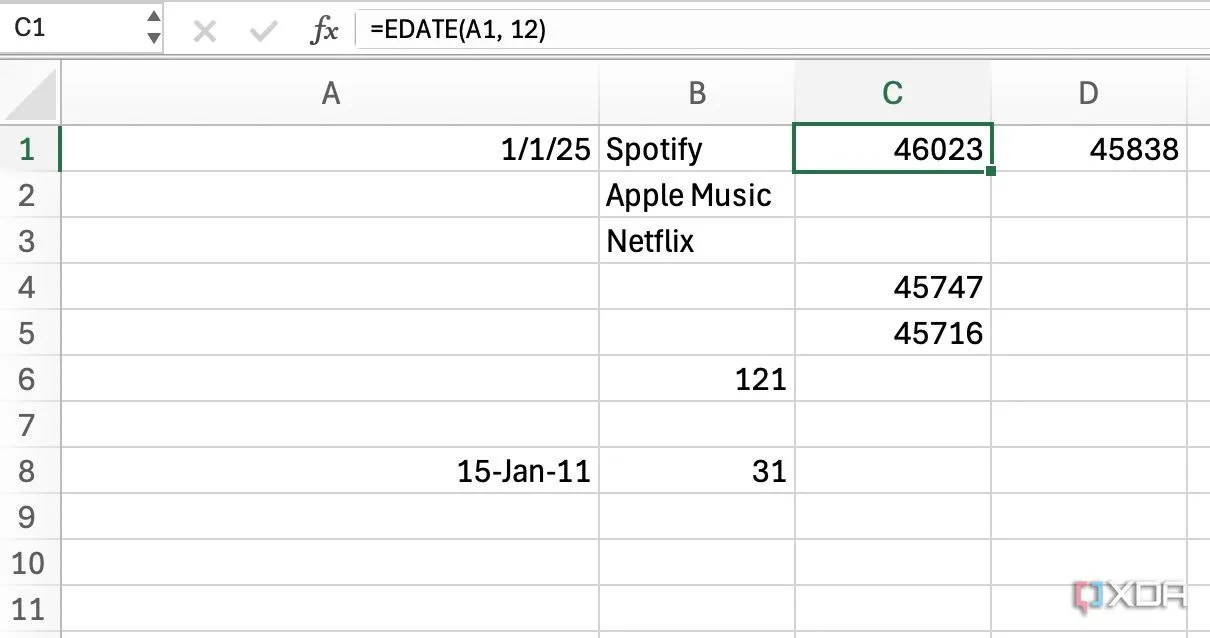 Ví dụ sử dụng hàm EDATE trong Excel để tính ngày hết hạn hợp đồng