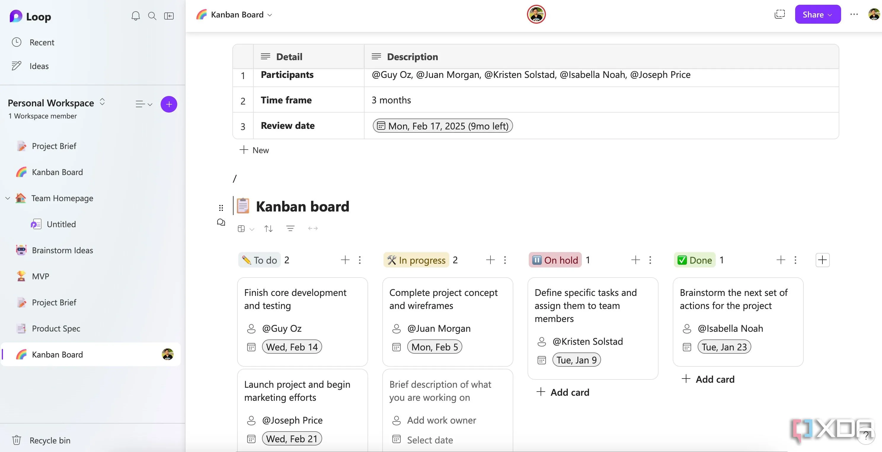 Ví dụ về bảng Kanban trong Microsoft Loop hỗ trợ quản lý dự án cá nhân hiệu quả