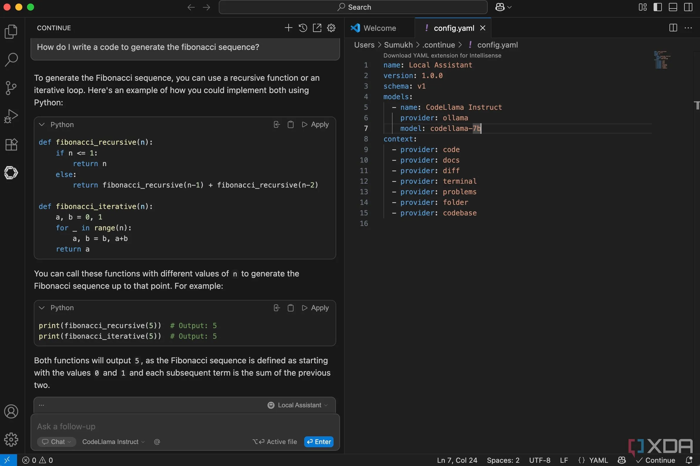 Ví dụ về Code Llama đang tự động hoàn thành code Python trong VS Code thông qua tiện ích Continue, minh họa khả năng sinh mã của LLM cục bộ.