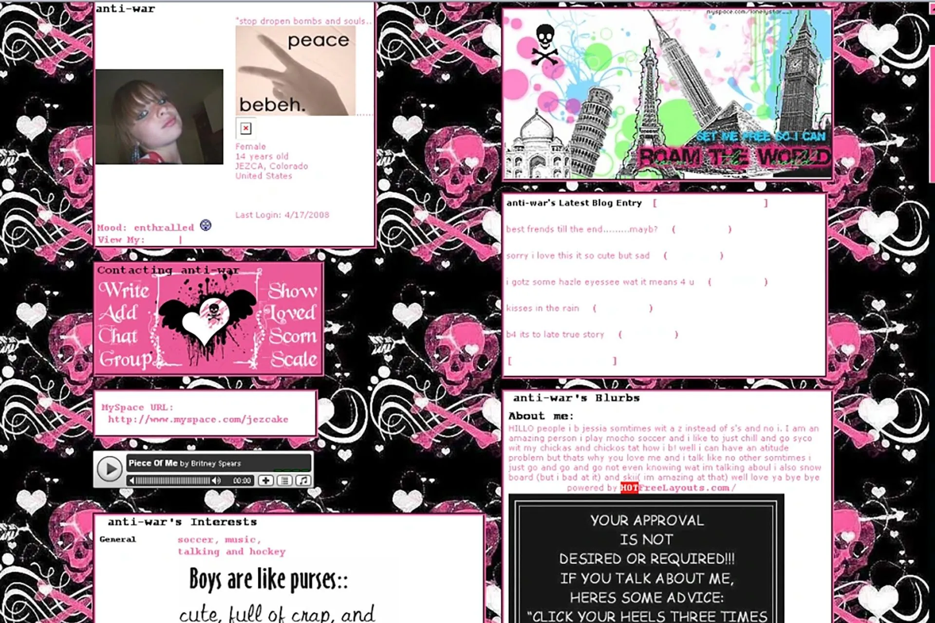 Ví dụ về hồ sơ MySpace tùy chỉnh trước khi thiết kế lại, minh họa sự đa dạng và cá nhân hóa của các nền tảng xã hội thời kỳ đầu