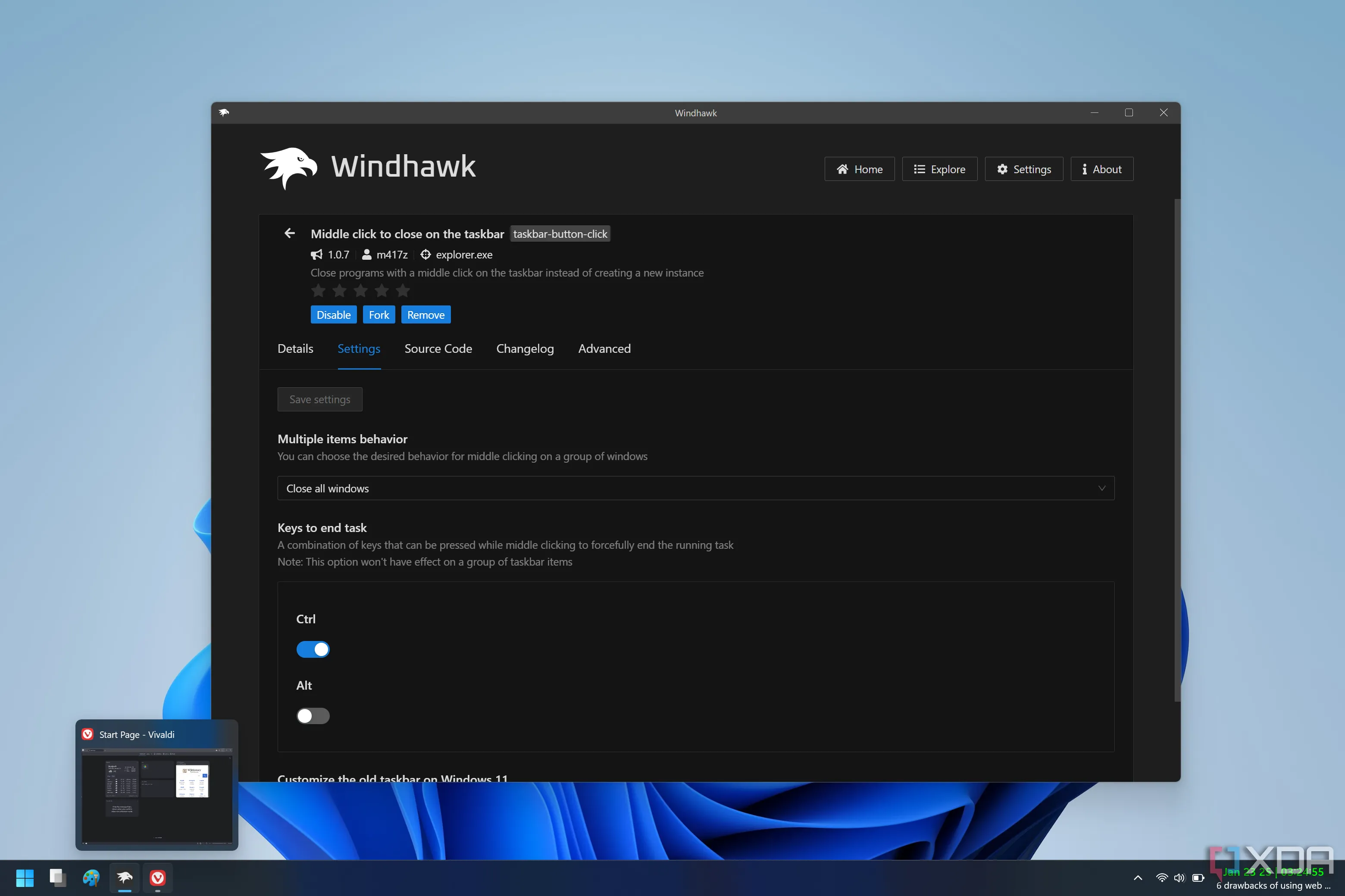 Windhawk hiển thị mod cho phép nhấp chuột giữa để đóng ứng dụng trên thanh tác vụ