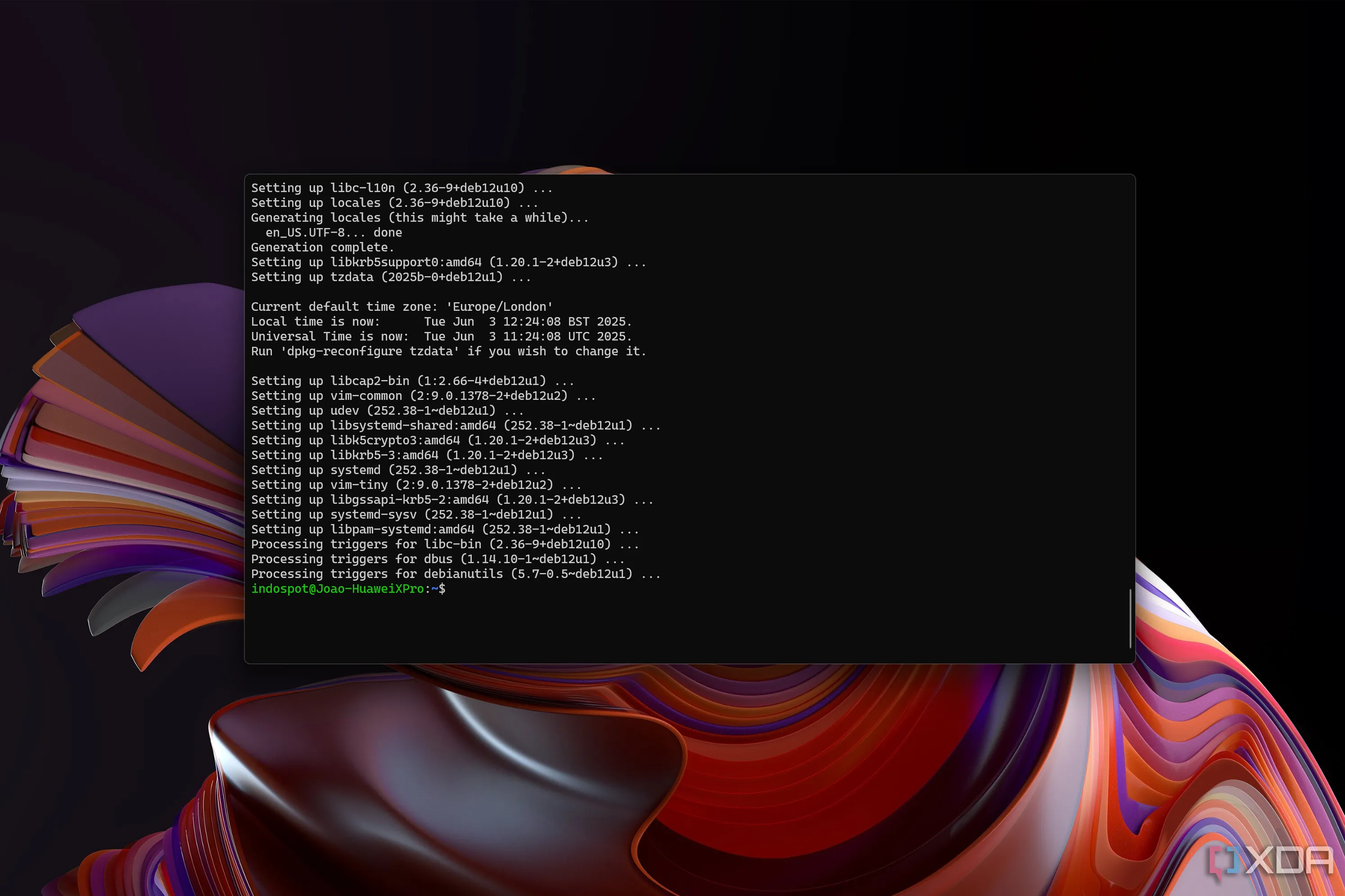 Windows Terminal đang chạy Debian ở chế độ Focus Mode, chỉ hiển thị nội dung terminal để tập trung