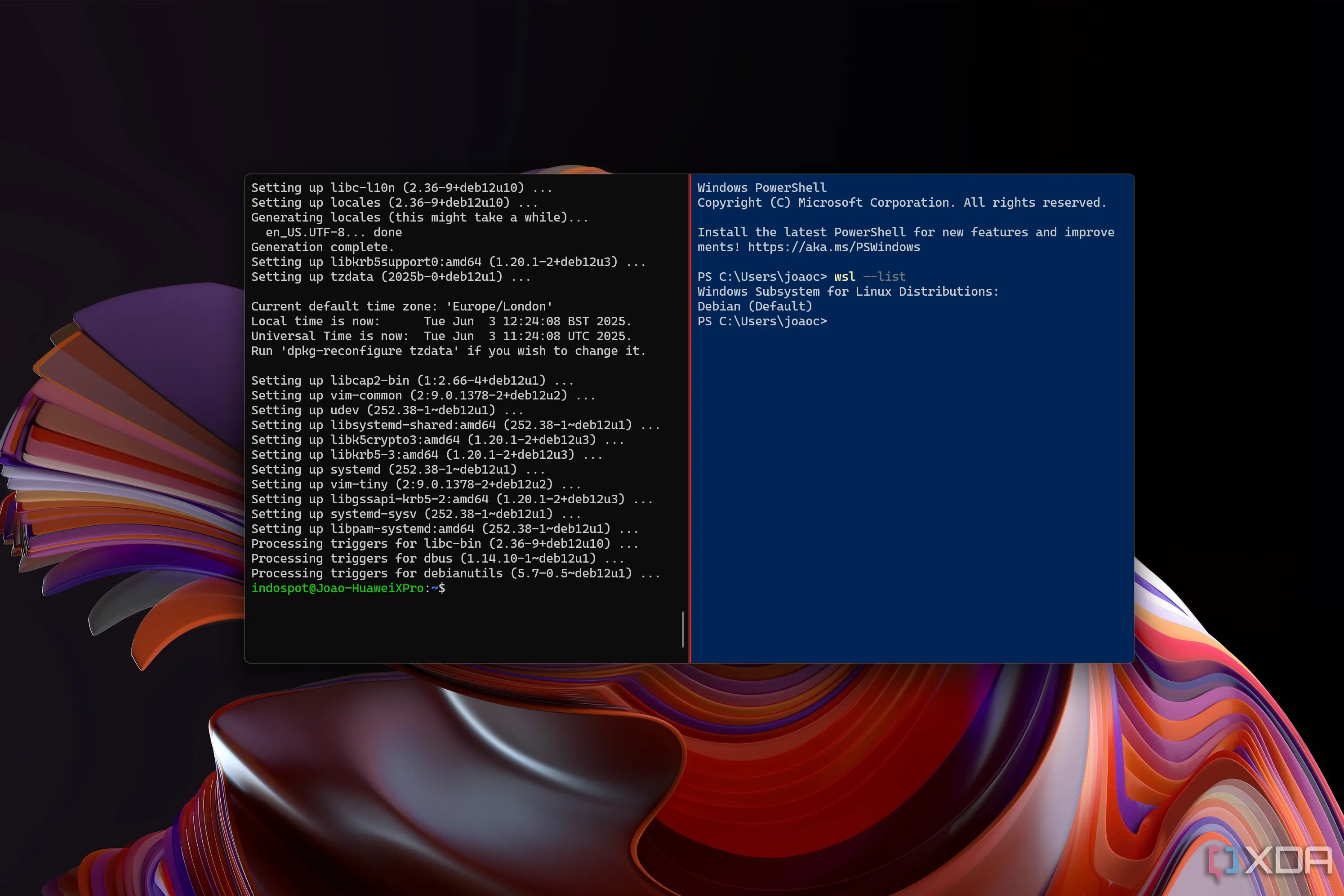 Windows Terminal hiển thị hai ô chia đôi, một bên là profile Debian WSL và một bên là Windows PowerShell