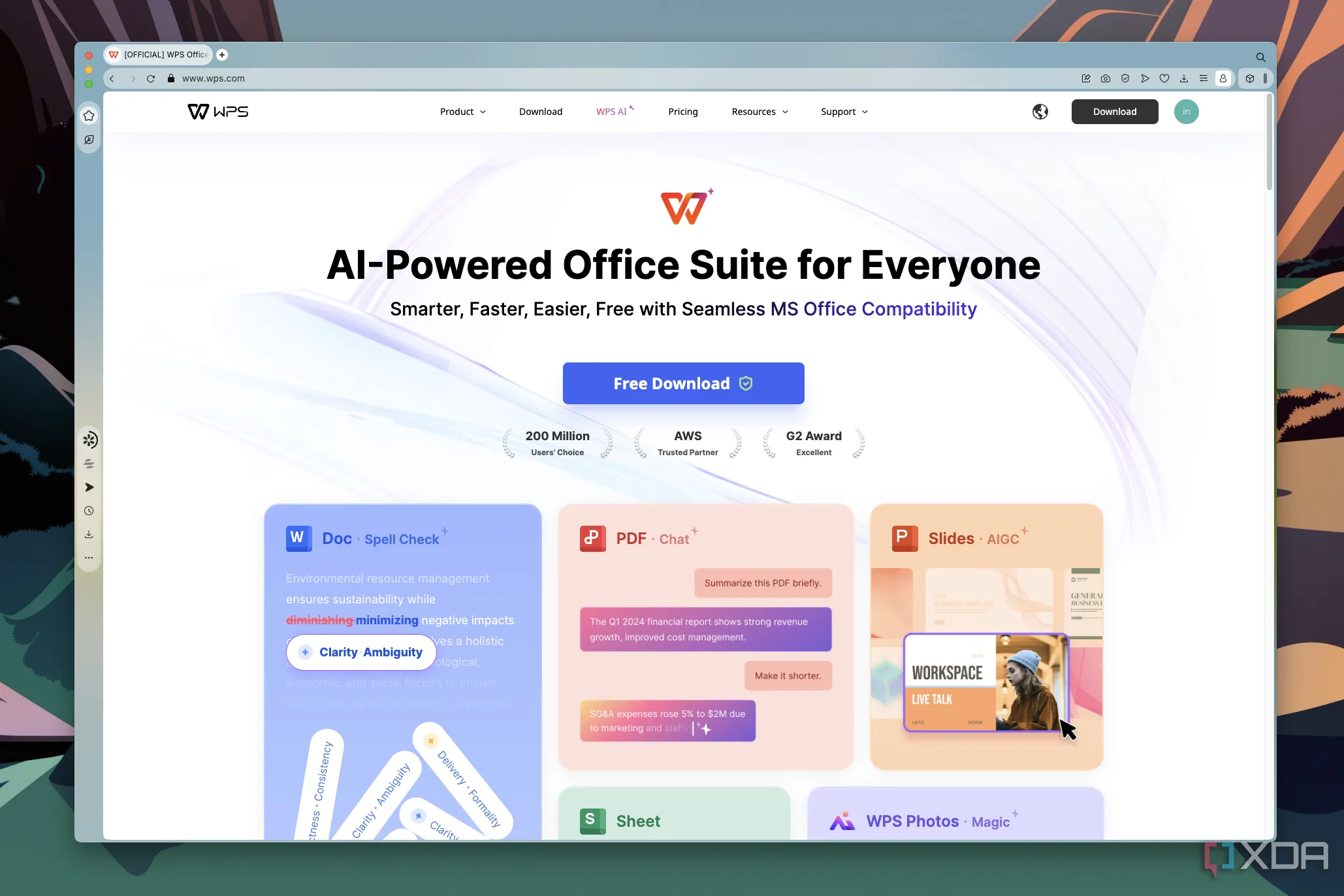 WPS Office hiển thị thông tin về việc ứng dụng miễn phí trên website chính thức