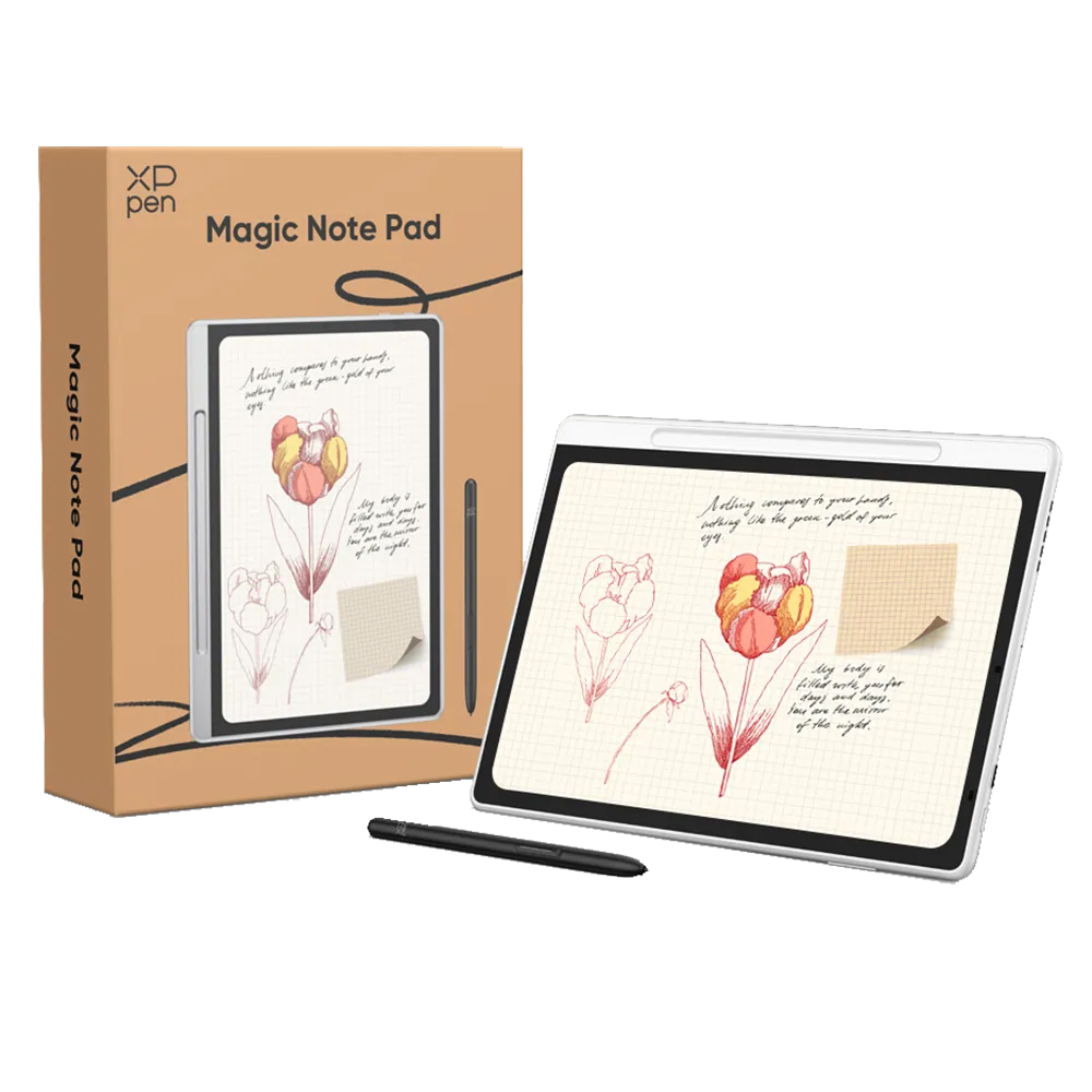 XPPen Magic Note Pad MNP1095 và hộp sản phẩm, thể hiện thiết kế mỏng nhẹ và bút X3 Pro Pencil 2