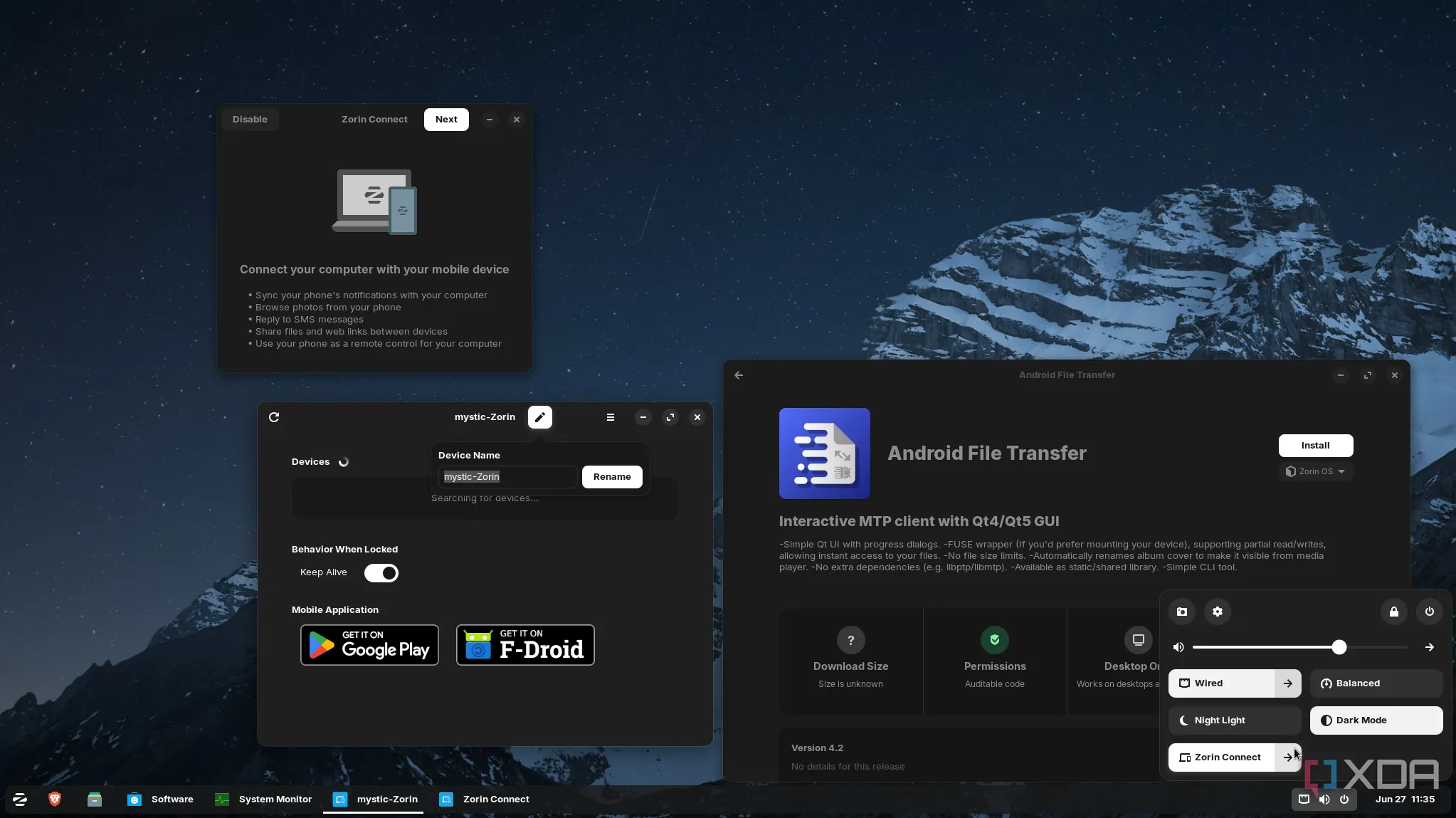 Zorin Connect hiển thị giao diện kết nối và đồng bộ điện thoại Android với Zorin OS.